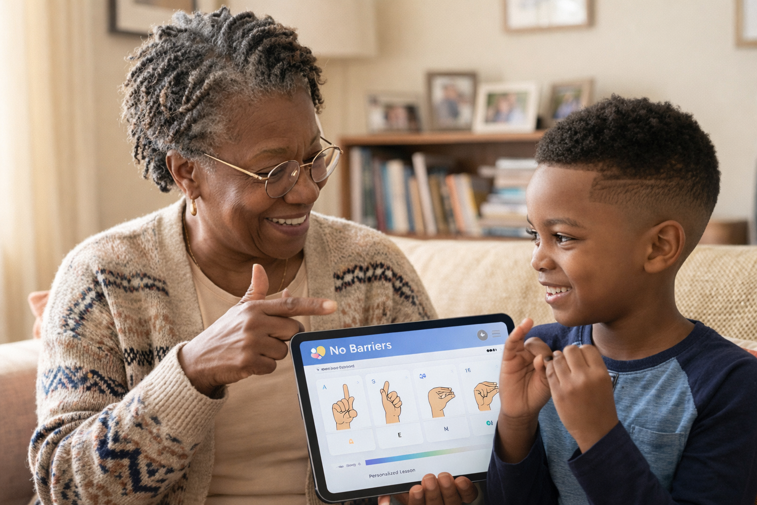 Grandmother and grandson learning sign language together
